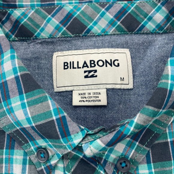 Billabong Shirt Men Medium M Teal Gray Plaid Button Down Chest Pocket Casual - Picture 4 of 7